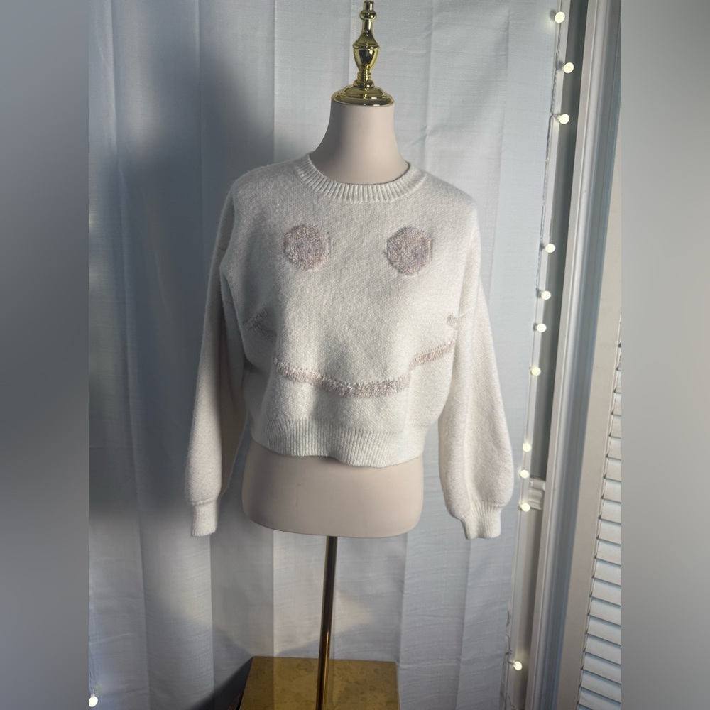 Storia White Crew Neck Sweater with Fuzzy Accents - Picture 7 of 7